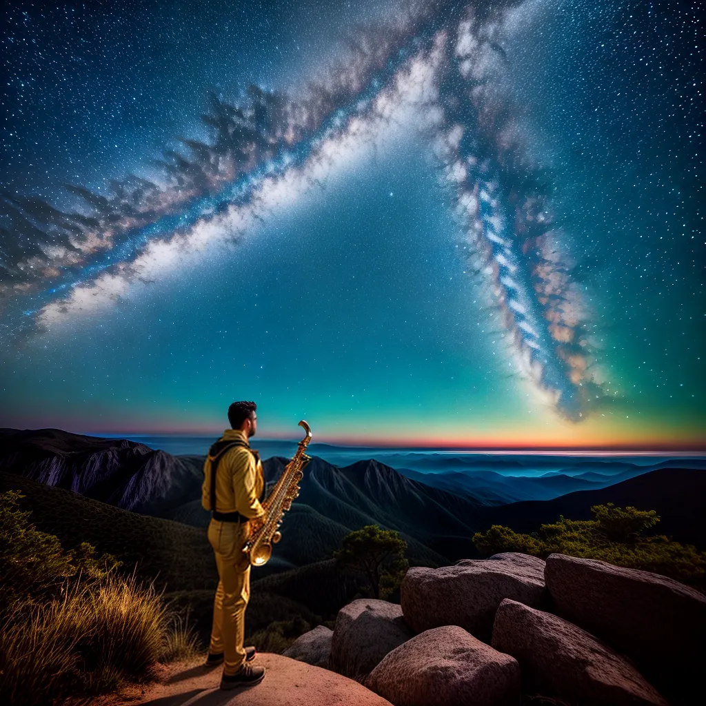 Fotos saxofonista celestial montanha estrelas