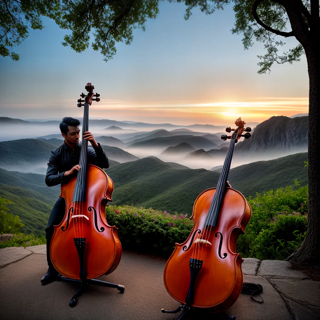 Descubra a Harmoniosa Melodia dos Sonhos com o Violoncelo 2 Fotos violoncelista sonho por do sol