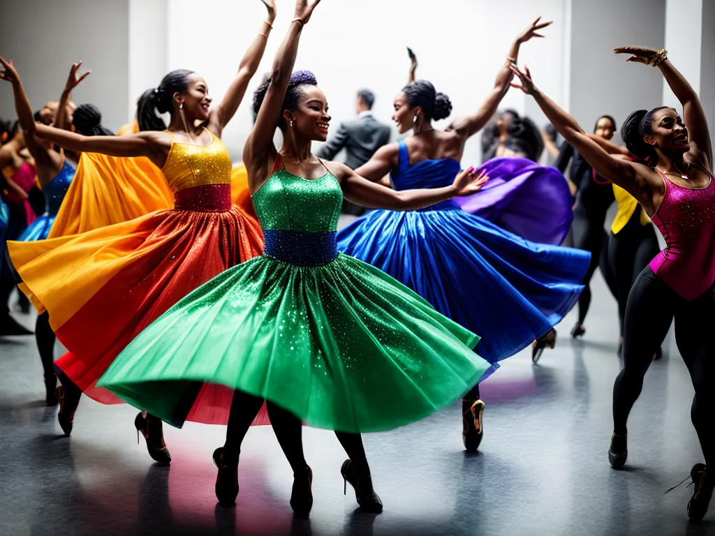 Fotos danca grupo profissional saltos coloridos