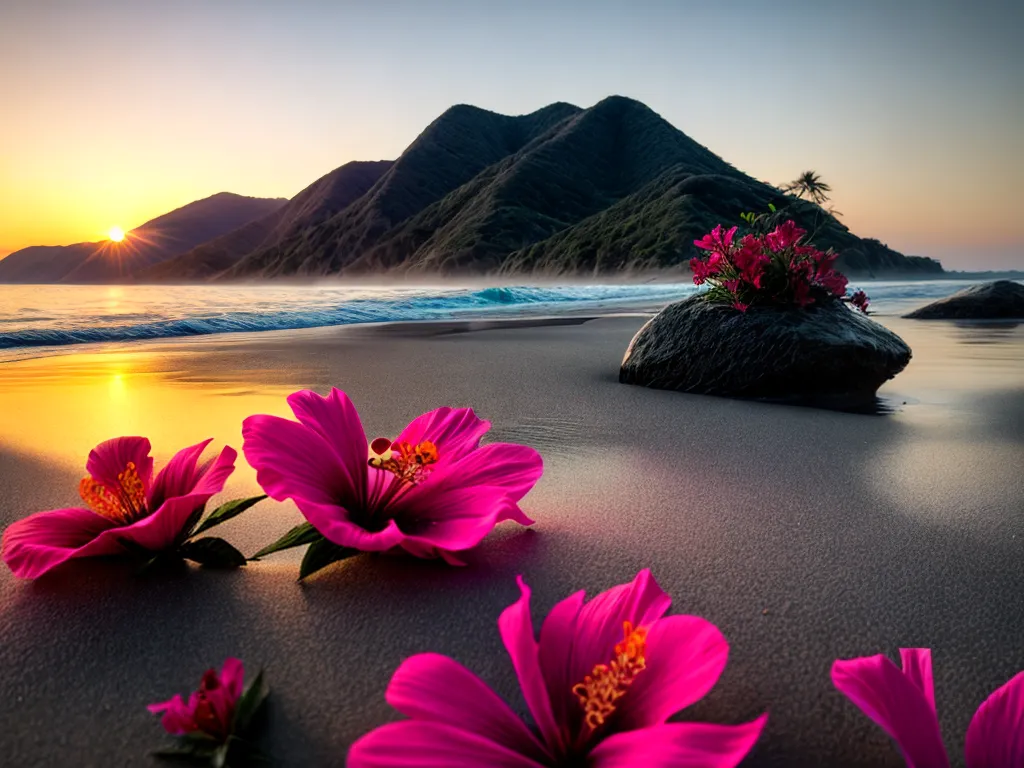 Fotos praia por do sol meditacao hibiscos
