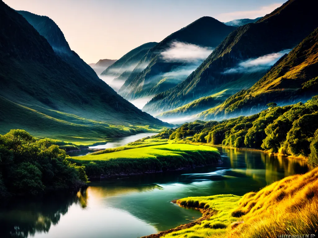 Fotos paisagem montanhas verdes rio cristal ceu por do sol