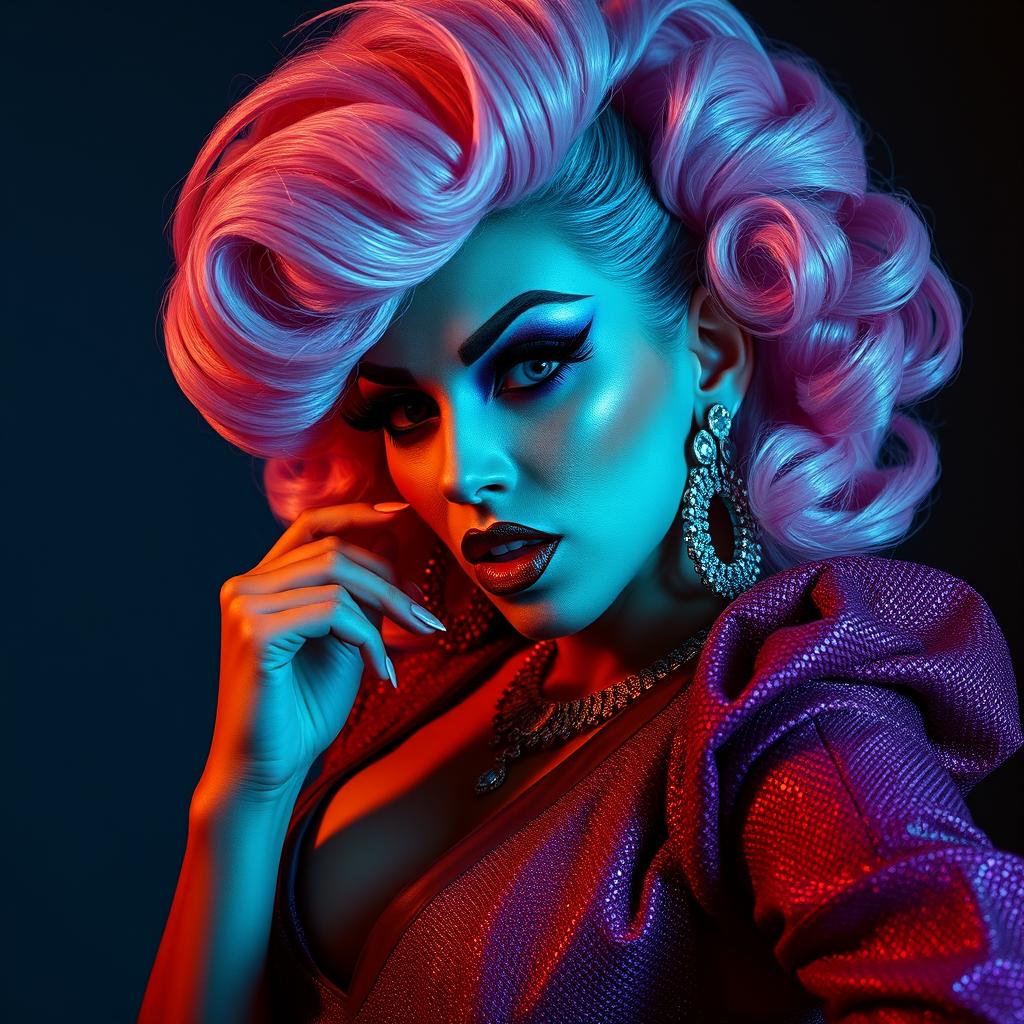 Grupo de drag queens posando em figurinos extravagantes, celebrando a diversidade de estilos.