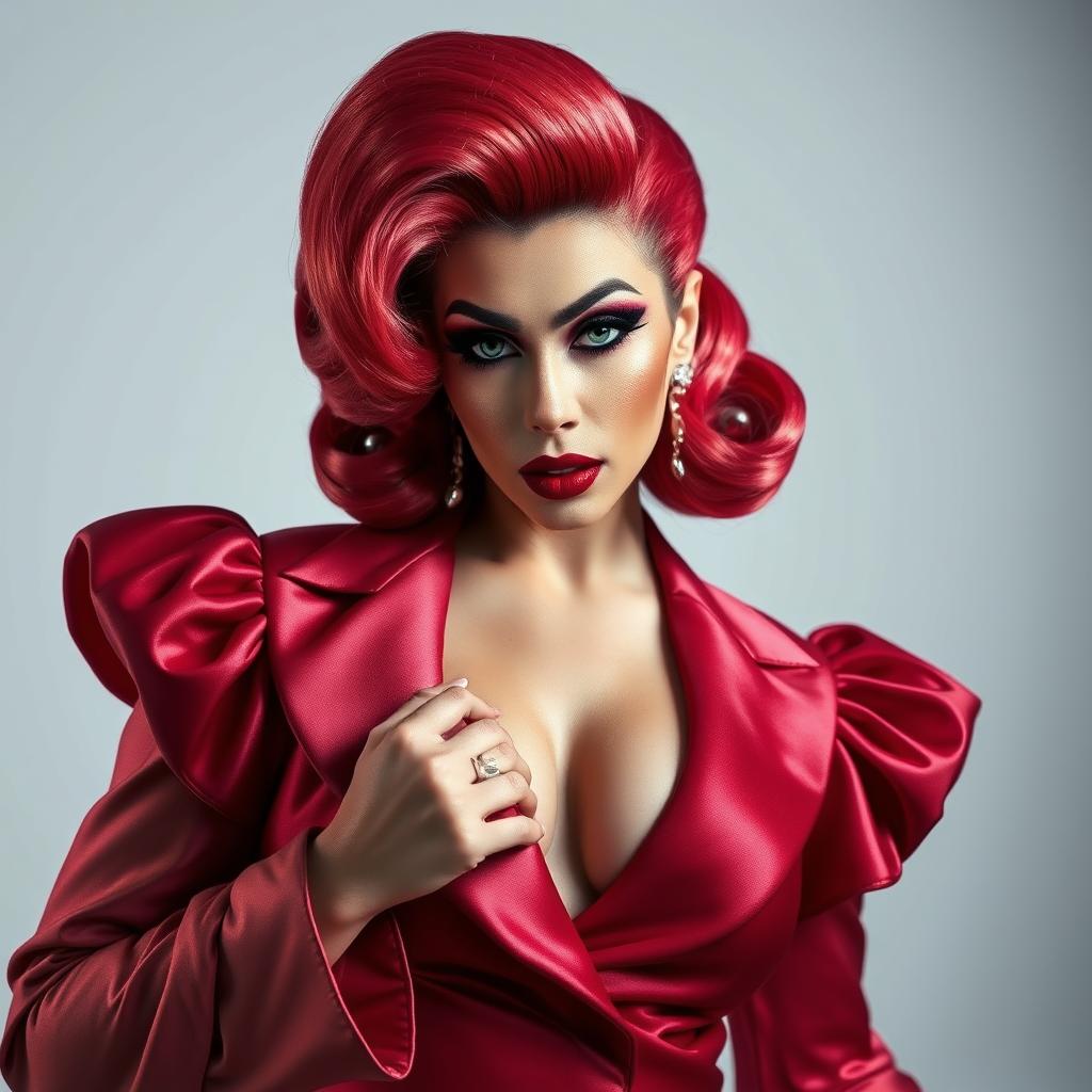 Drag queen com maquiagem elaborada e peruca volumosa, subvertendo padrões de beleza.
