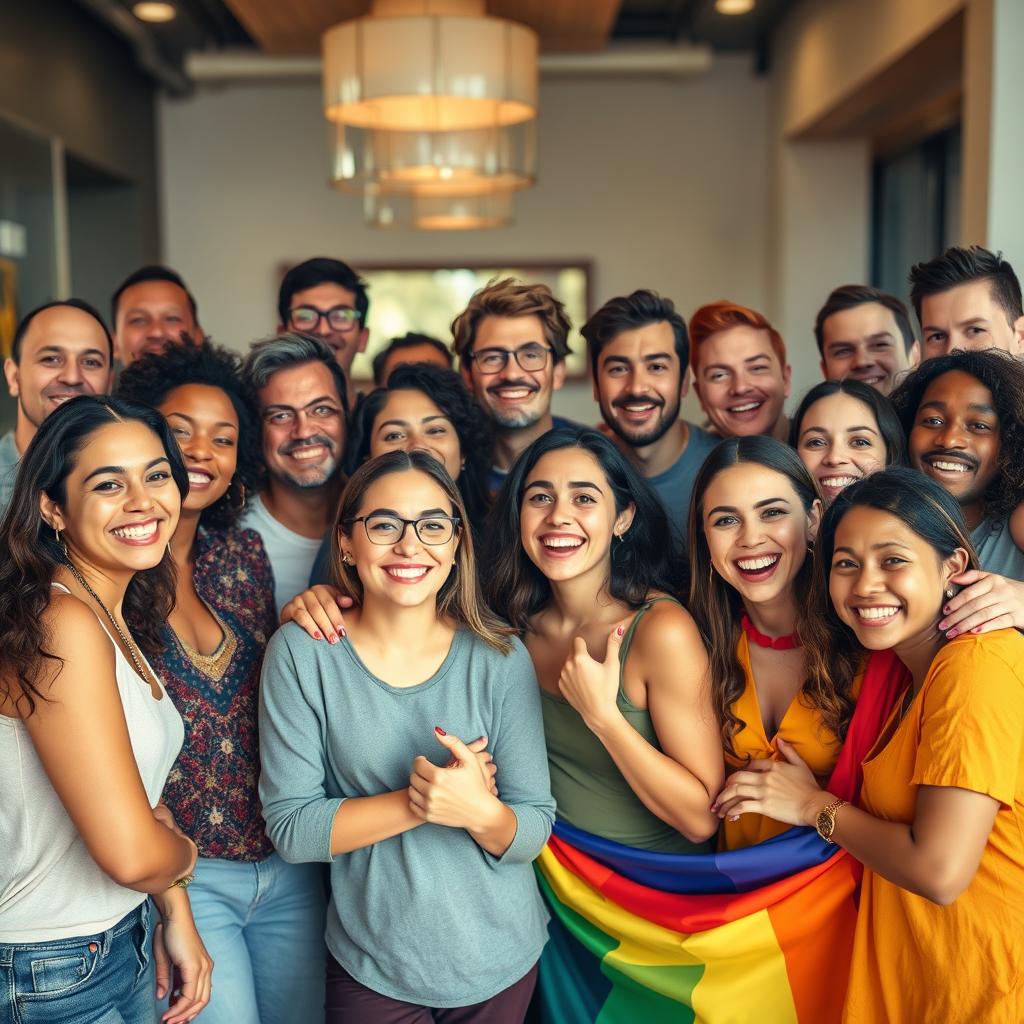Um grupo diverso de pessoas rindo e interagindo em um ambiente cultural, com símbolos de diversidade LGBT+ visíveis.