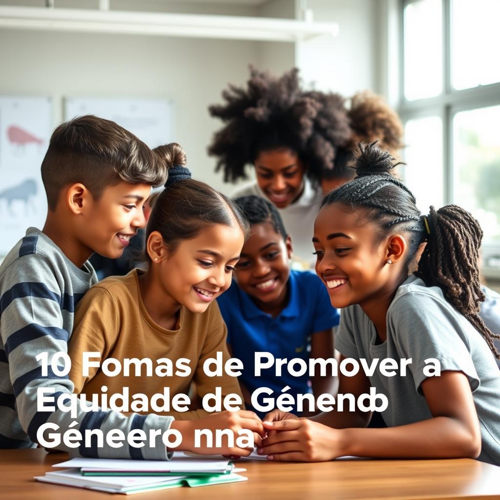 Grupo diverso de estudantes colaborando em sala de aula, representando equidade e inclusão na educação.