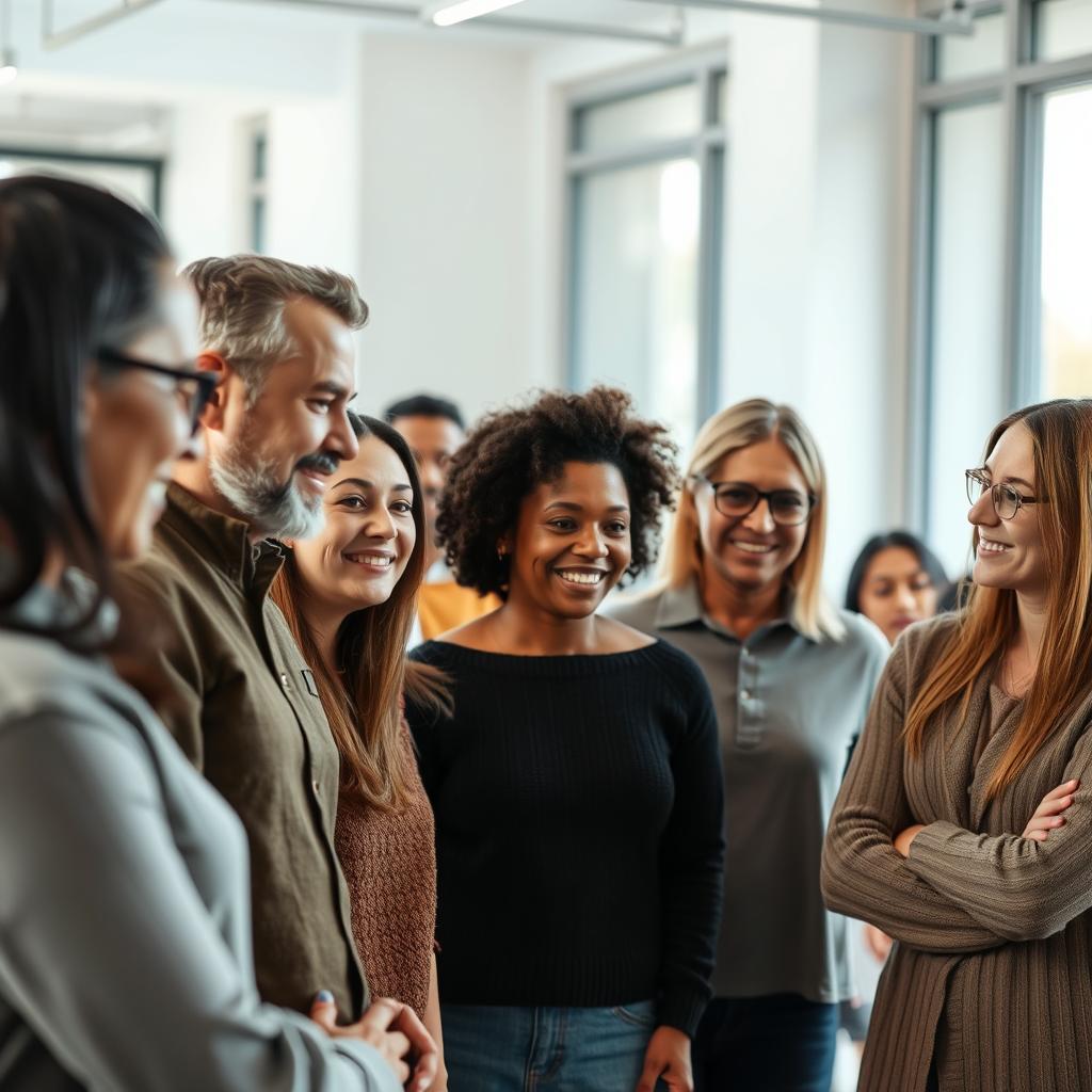 Um grupo de pessoas de diferentes origens e identidades sorrindo e interagindo amigavelmente, simbolizando comunidade e apoio.