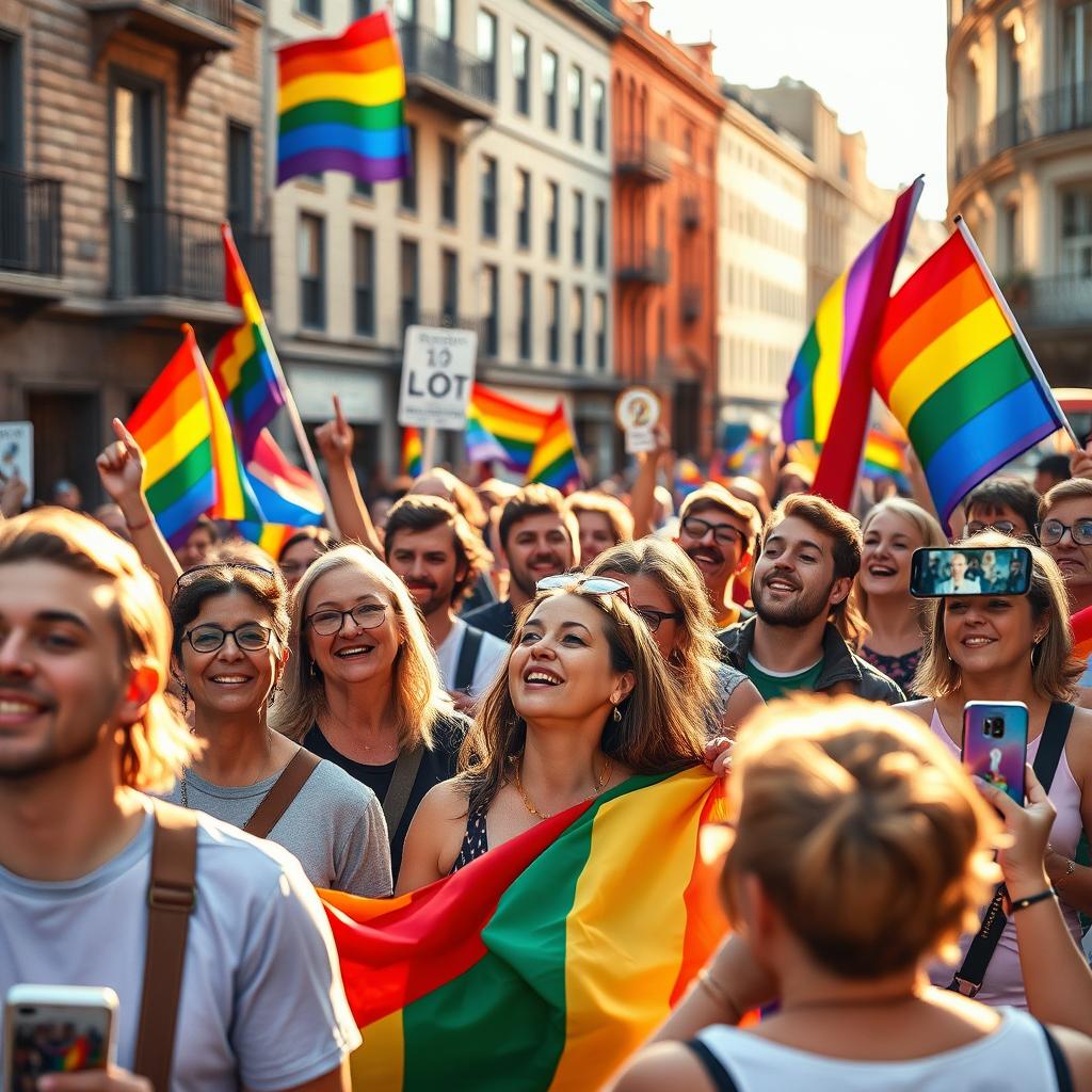 Foto aérea de uma grande multidão durante uma Parada do Orgulho, com muitas bandeiras do arco-íris visíveis.