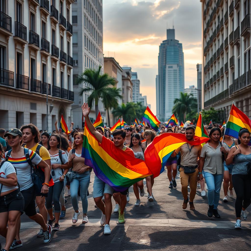Imagem colorida e vibrante com pessoas celebrando em um evento do Orgulho, segurando bandeiras e sorrindo.