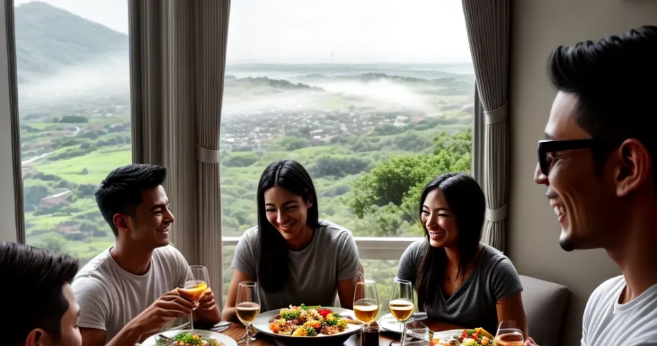 Fotos amigos comida vinho janela paisagem