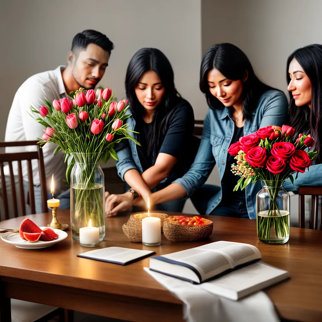 Fotos familia orando mesa biblia vela flor
