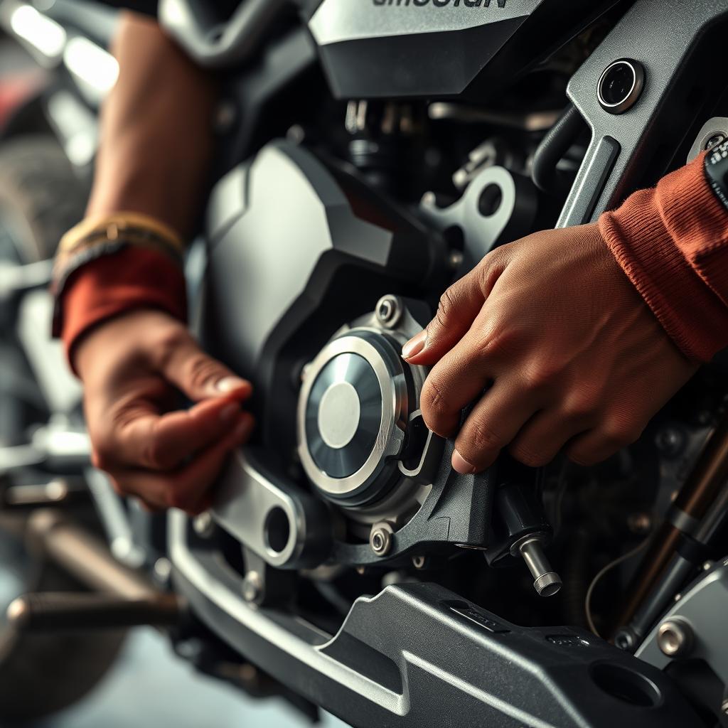 Detalhe de uma moto sendo lubrificada e limpa