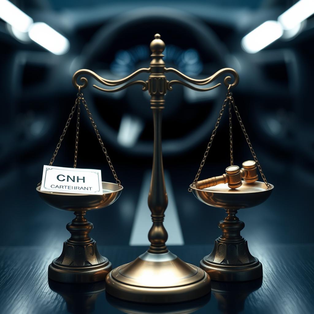 Imagem ilustrativa de uma balança da justiça e uma CNH, simbolizando justiça na habilitação.