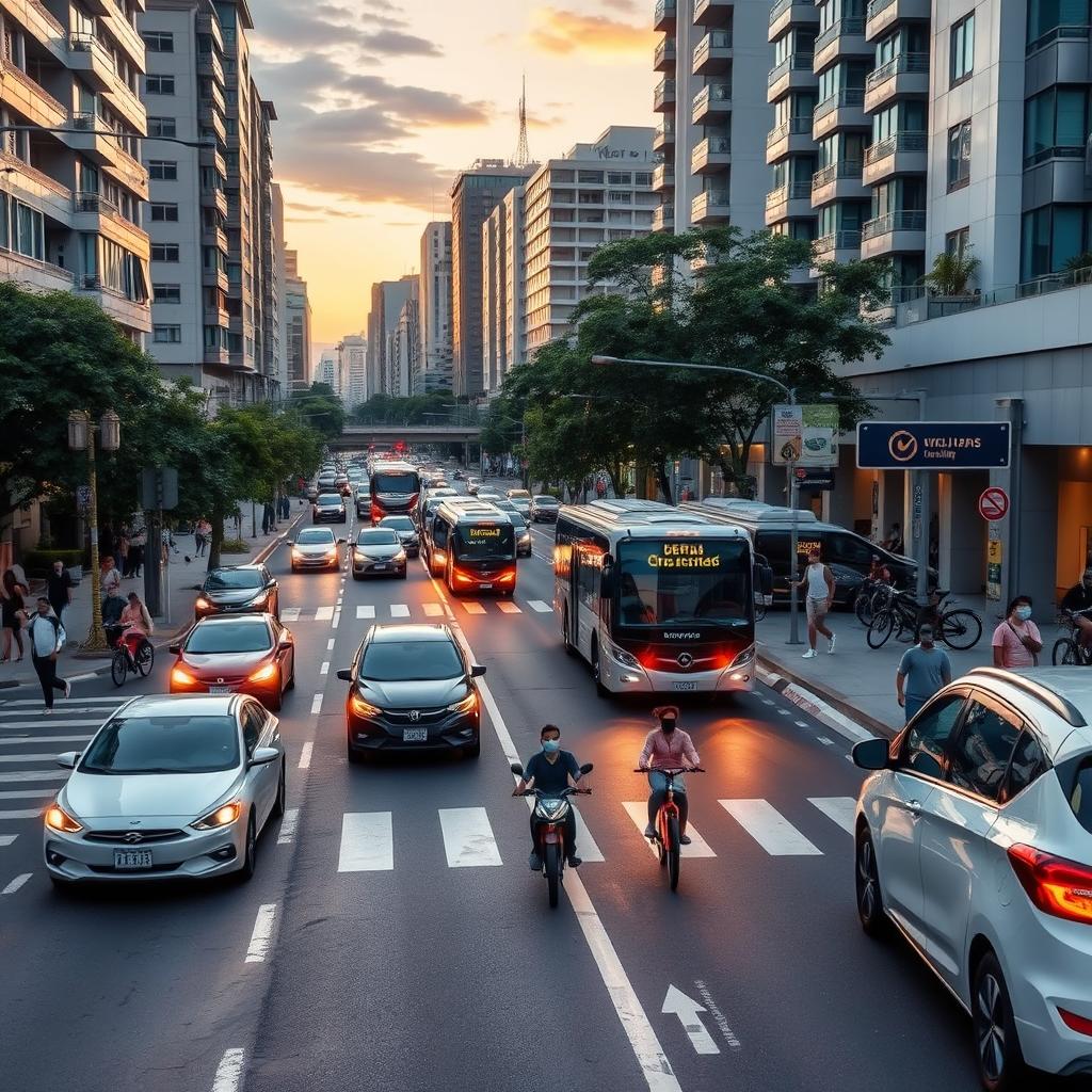 image Ciclovia moderna em uma cidade brasileira com ciclistas e pedestres, ilustrando o investimento em modos de transporte ativo impulsionado pelas novas leis de mobilidade urbana.