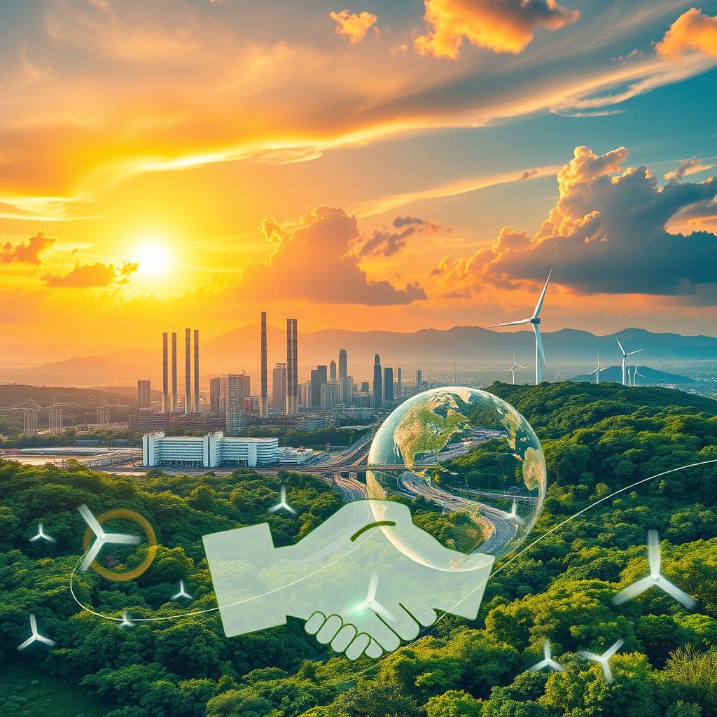 image Representação de negociação comercial global com ícones de sustentabilidade, como folhas e painéis solares.