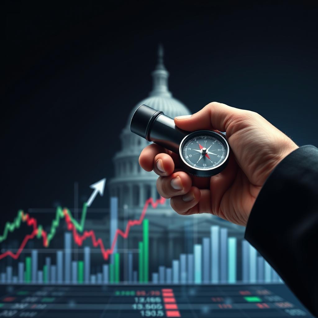 Mãos segurando moedas diante de gráficos financeiros e bandeiras