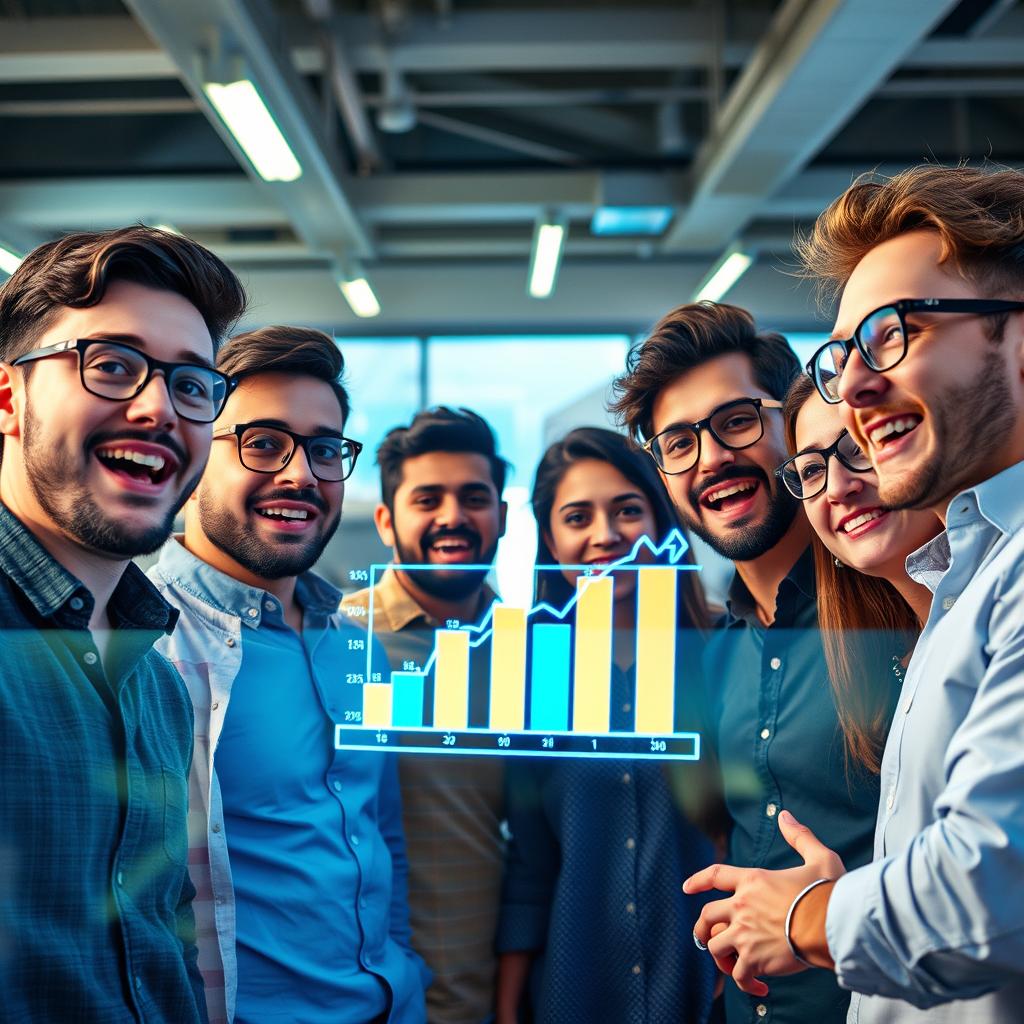 Empresários em uma sala de reunião discutindo gráficos de crescimento e desafios, demonstrando planejamento estratégico