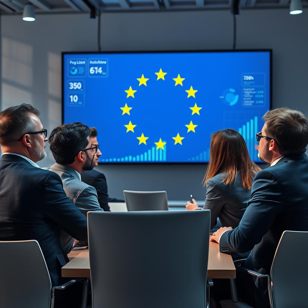 image Empresário analisando mapa da União Europeia e dados em tablet