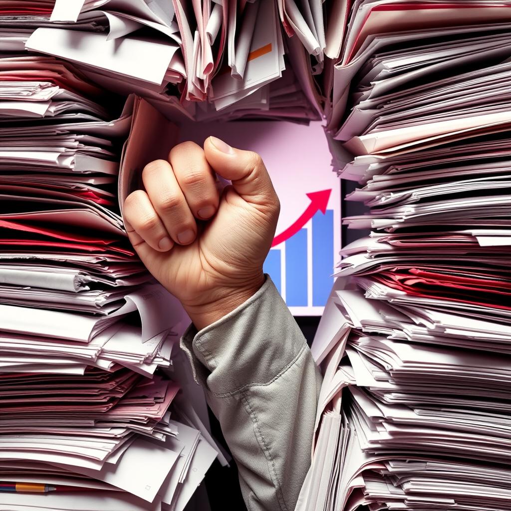 image Empresário olhando para uma pilha de documentos, representando o desafio da burocracia