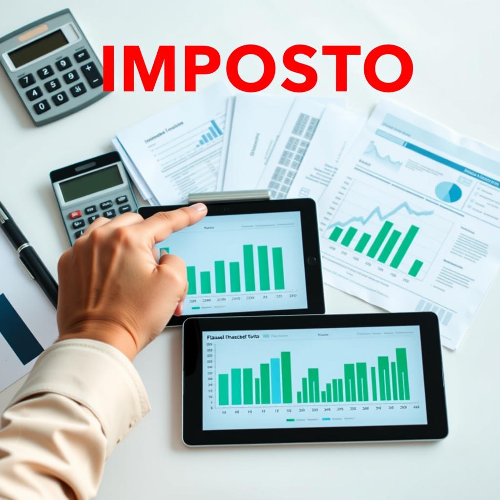 image Pessoa analisando documentos e cálculos fiscais em uma mesa