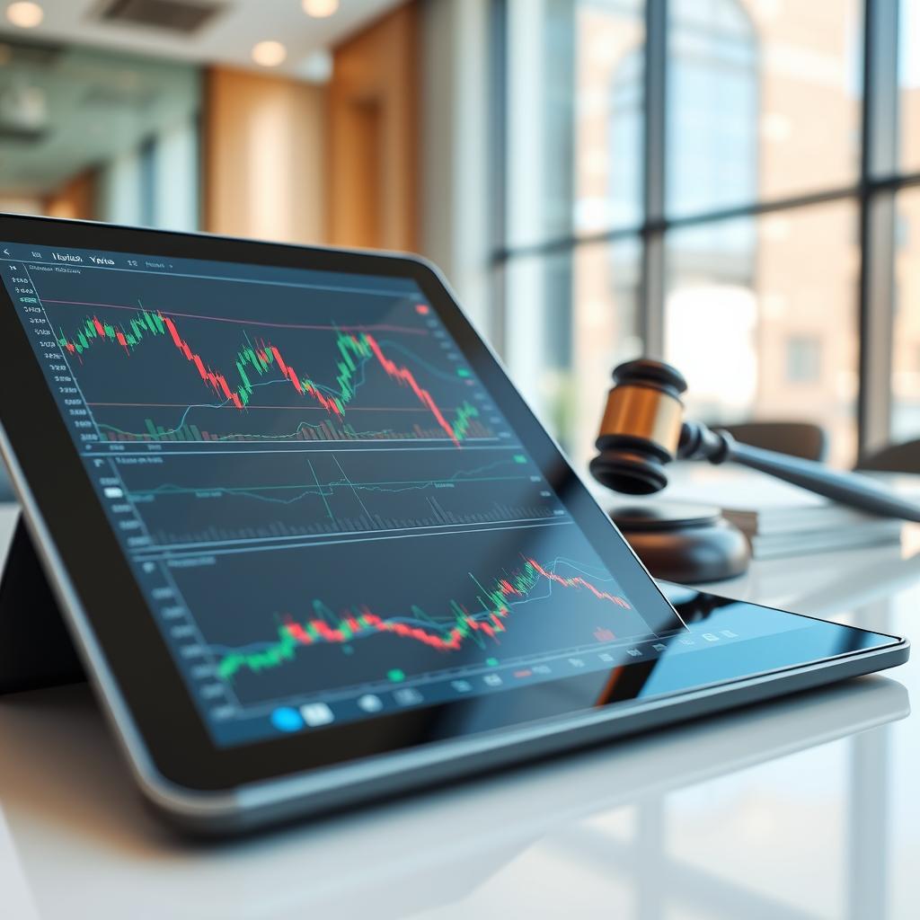 image Investidor olhando para gráficos financeiros com sobreposição de ícones regulatórios
