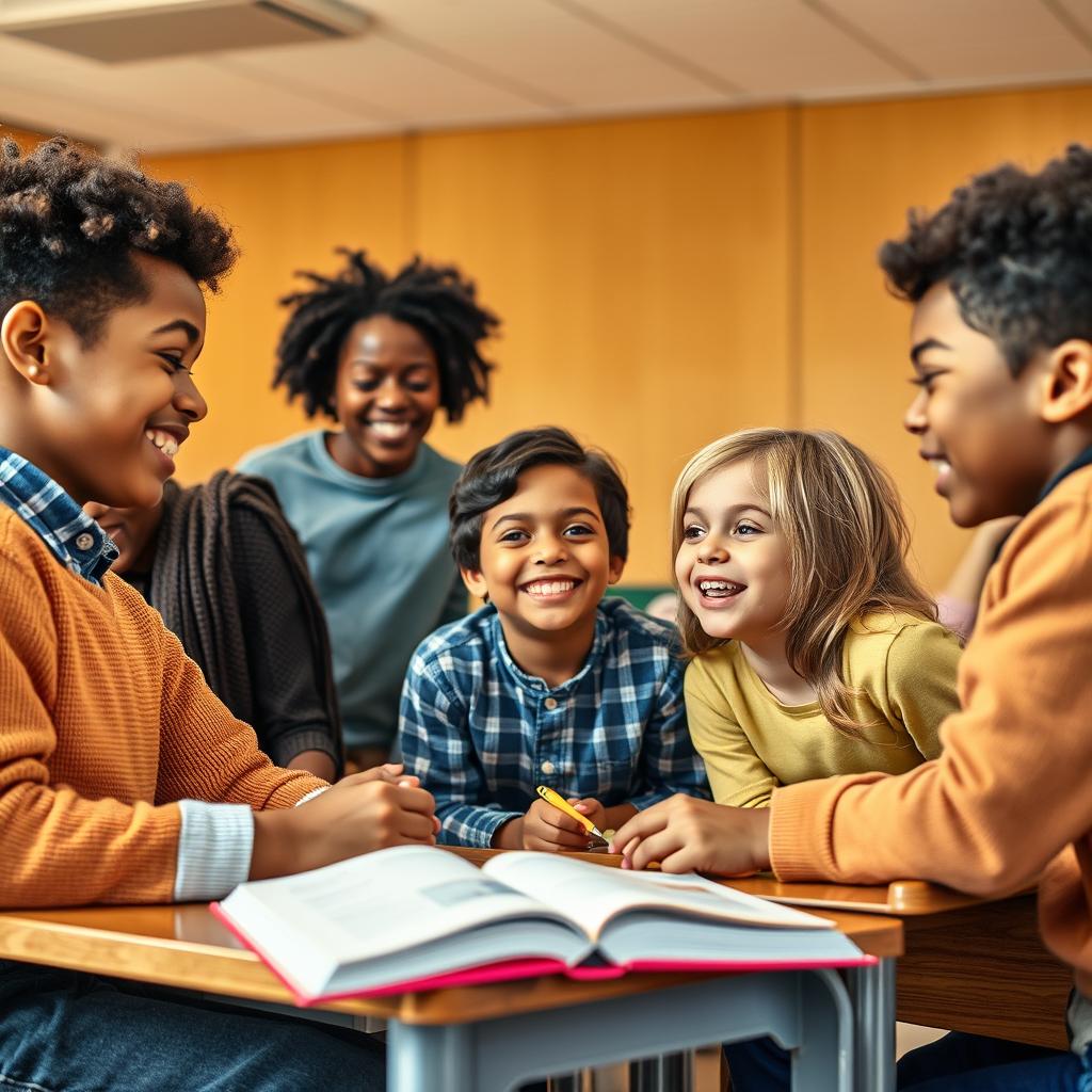 Grupo de jovens de diversas origens étnicas e culturais sorrindo e interagindo positivamente em um ambiente escolar, representando a harmonia e o respeito mútuo.