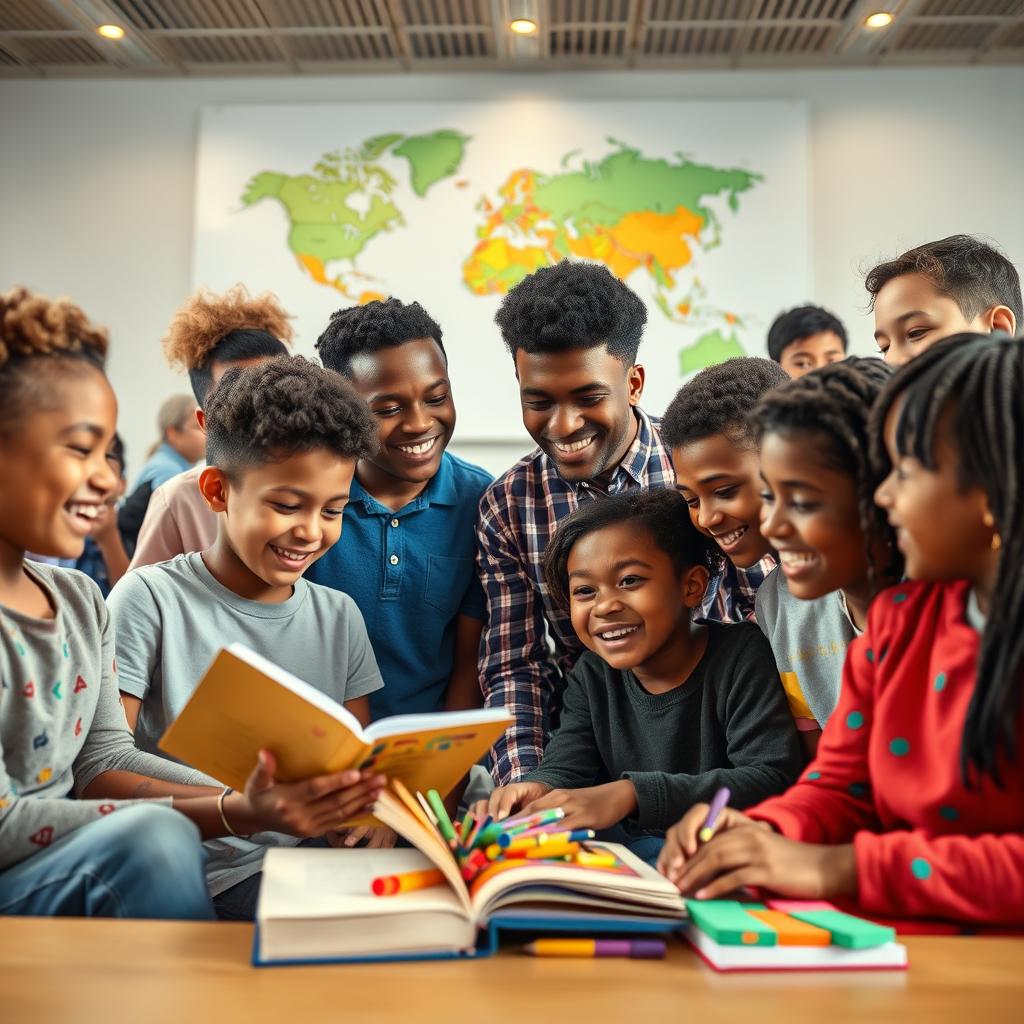 Estudantes de diferentes etnias e origens culturais lendo juntos em uma biblioteca escolar, simbolizando a diversidade e a inclusão na educação.