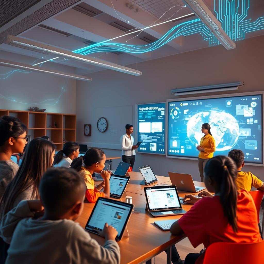 Professor utilizando lousa digital em sala de aula com alunos atentos.