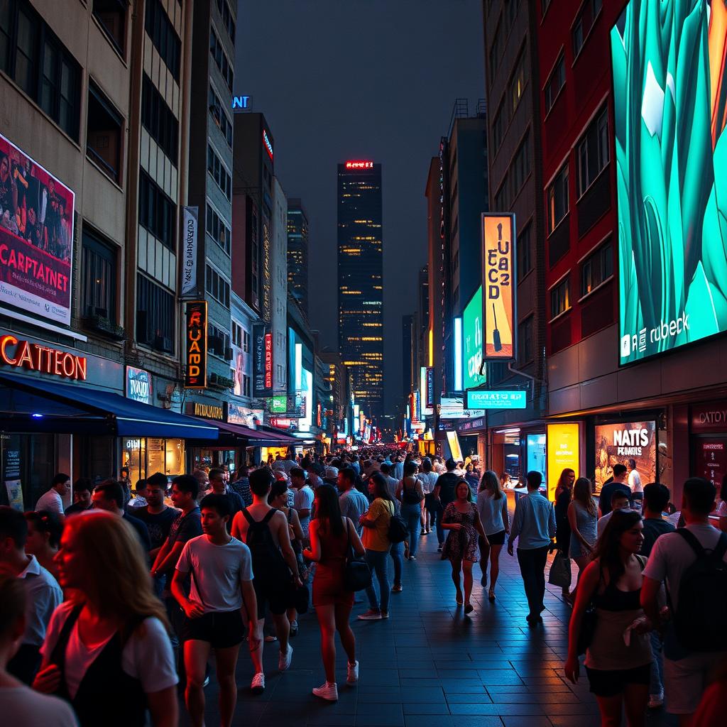 Grupo de amigos interagindo com um smartphone em um espaço urbano vibrante à noite, possivelmente procurando por um local ou compartilhando a experiência online.