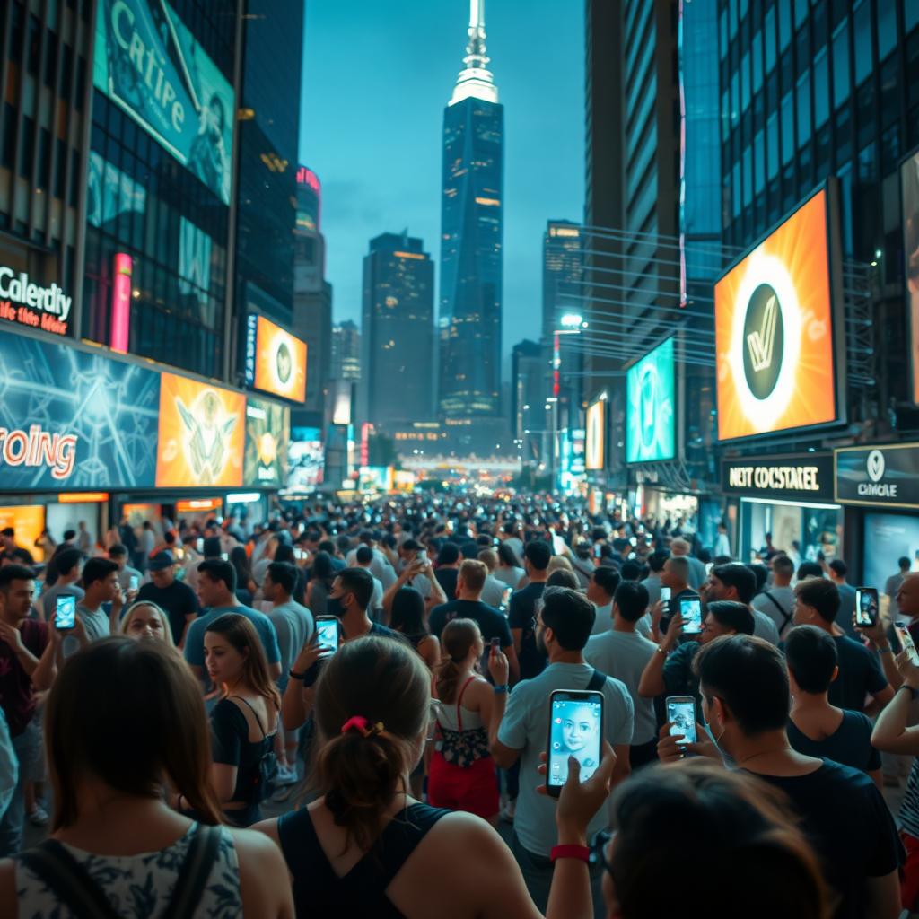 Pessoas utilizando smartphones em um evento urbano, com sobreposições digitais (realidade aumentada) indicando informações sobre o local ou experiência.