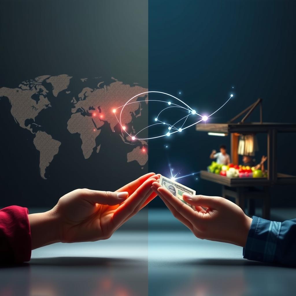 Mercado movimentado com pessoas comprando e vendendo mercadorias perto de uma fronteira