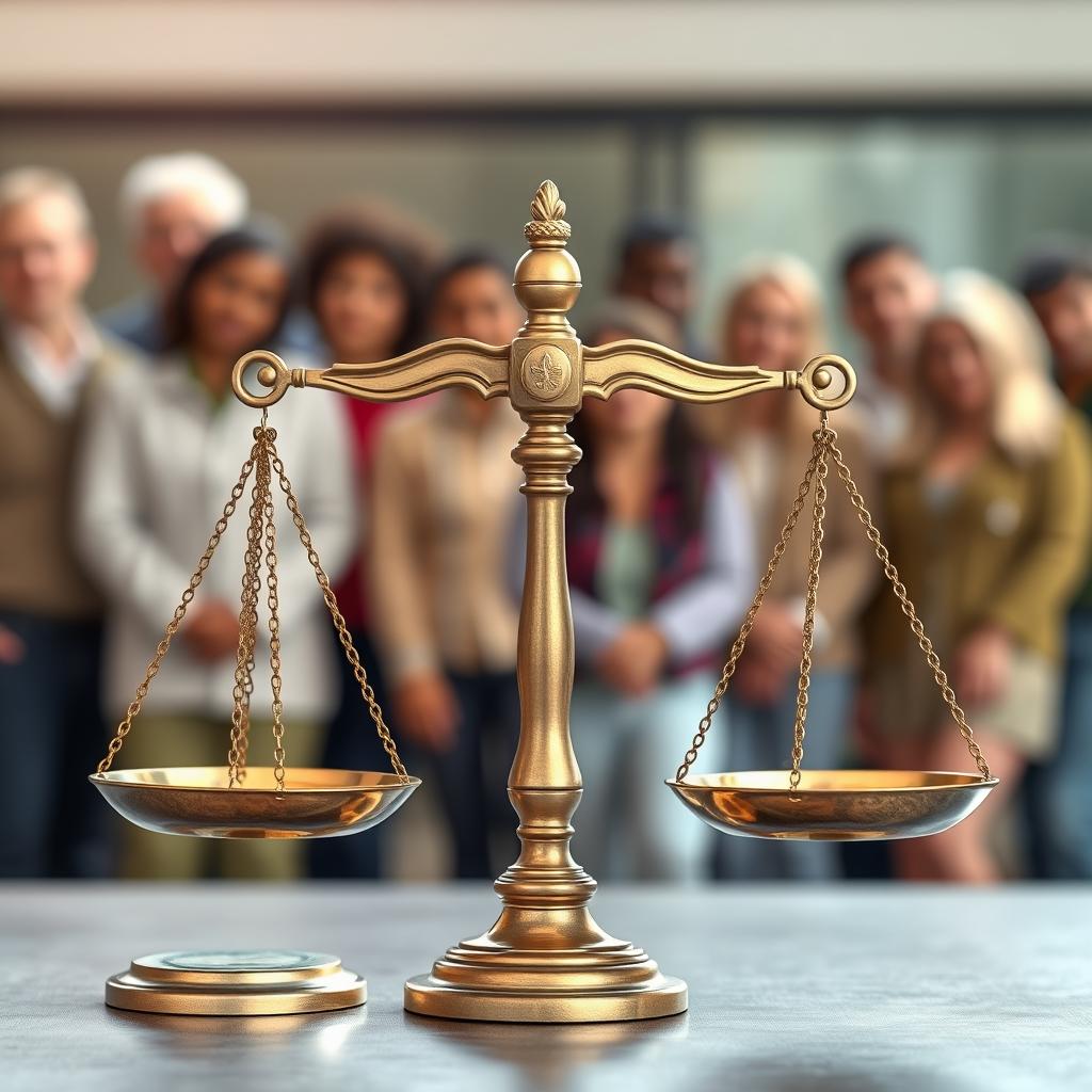 Ilustração de balança da justiça equilibrada sobre livro de leis