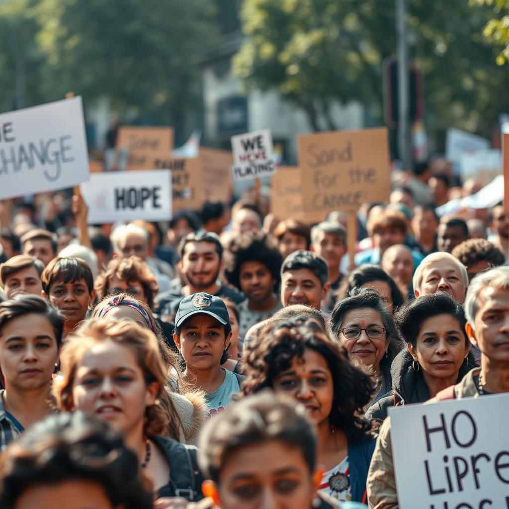 Vista aérea de uma grande multidão marchando, com cartazes e banners visíveis, representando unidade e propósito compartilhado