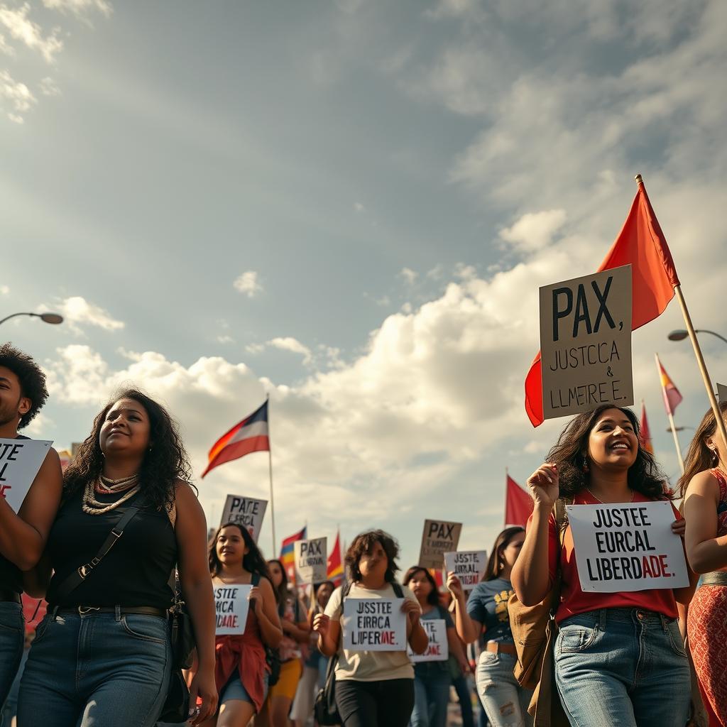 Grupo de pessoas marchando unidas, com bandeiras e cartazes, simbolizando ação coletiva e protesto pacífico