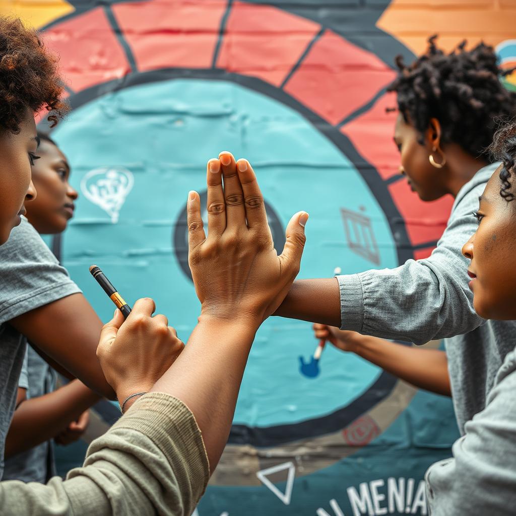 image Pessoas trabalhando juntas em um mural comunitário colorido, simbolizando esperança e colaboração