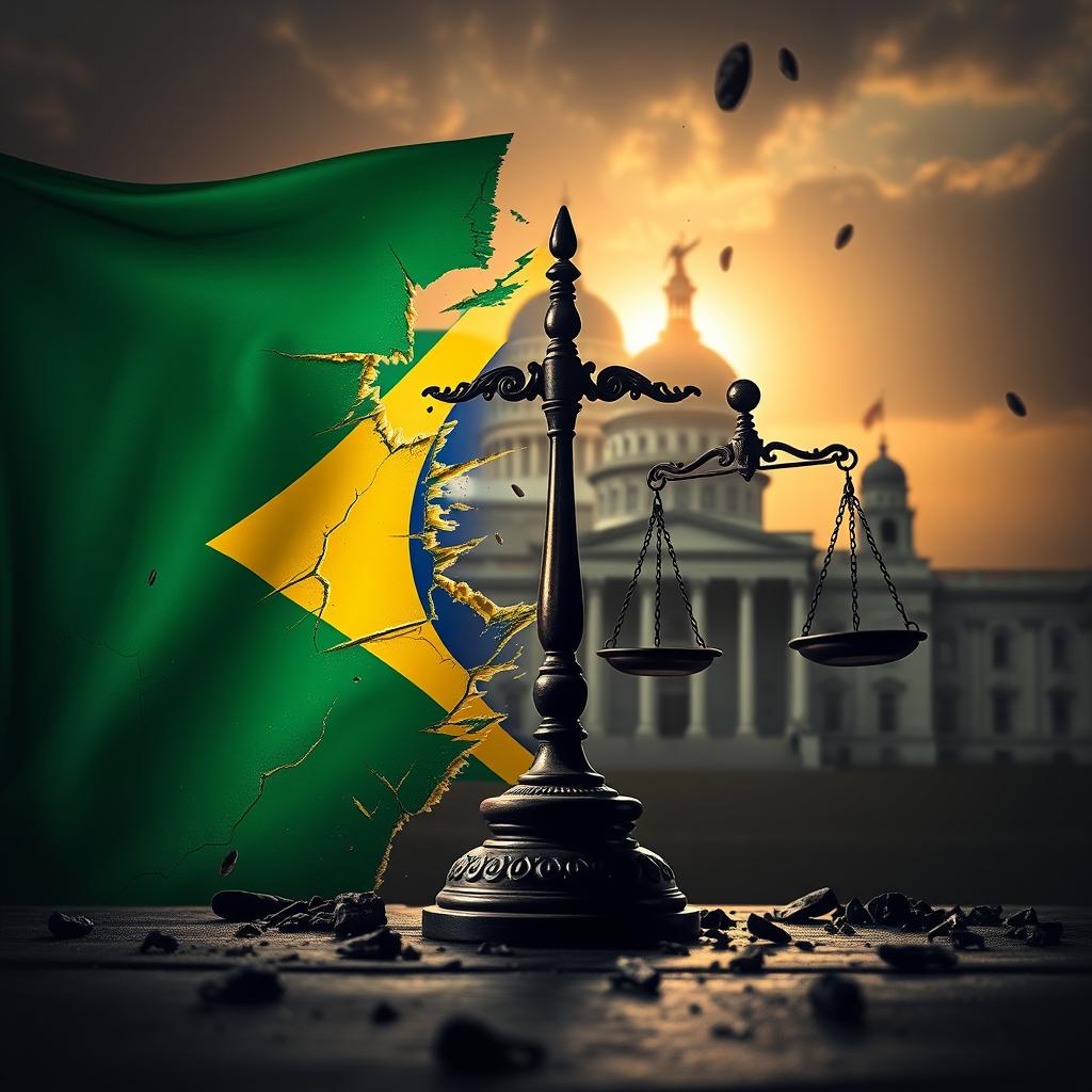 image Análise política: um gráfico complexo com setas e caixas conectadas, representando a interdependência dos fatores que influenciam a crise política brasileira, sobreposto a um mapa sutil do Brasil.