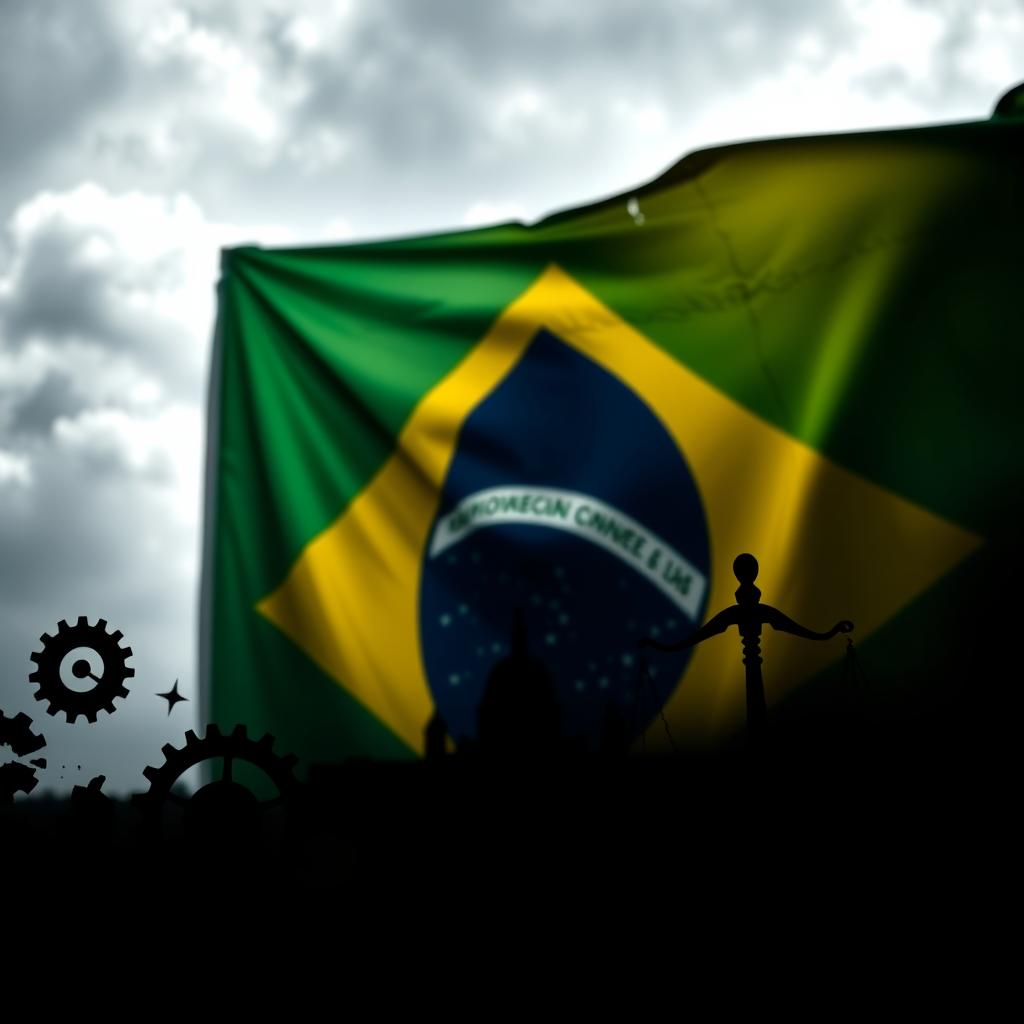 image Cena política brasileira: prédios dos três poderes em Brasília, ao fundo, com pessoas representando manifestações e debates em primeiro plano, com cores fortes e contrastantes, sugerindo tensão e polarização.