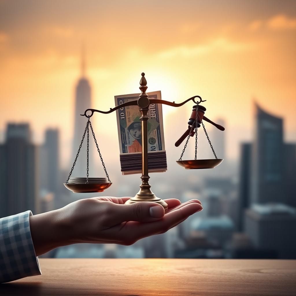 Ilustração de uma balança e símbolos financeiros, representando justiça e equilíbrio na economia.