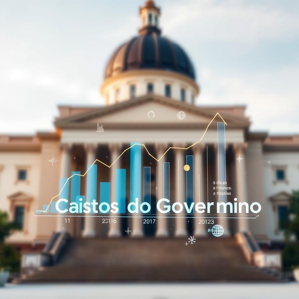 image Representação gráfica de dados orçamentários com setas indicando fluxo de dinheiro e ícones de serviços públicos como saúde e educação.