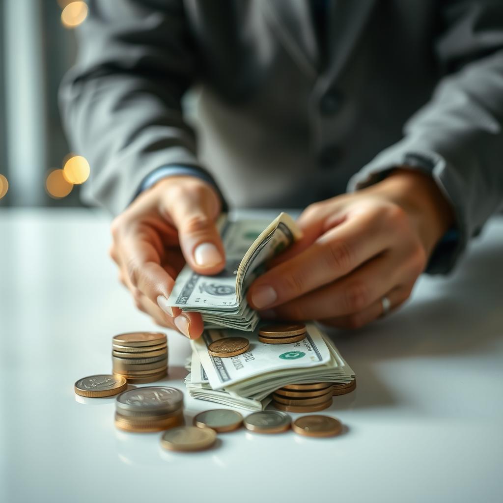 Mãos segurando moedas e notas sobre uma mesa com gráficos financeiros, representando economia e controle financeiro