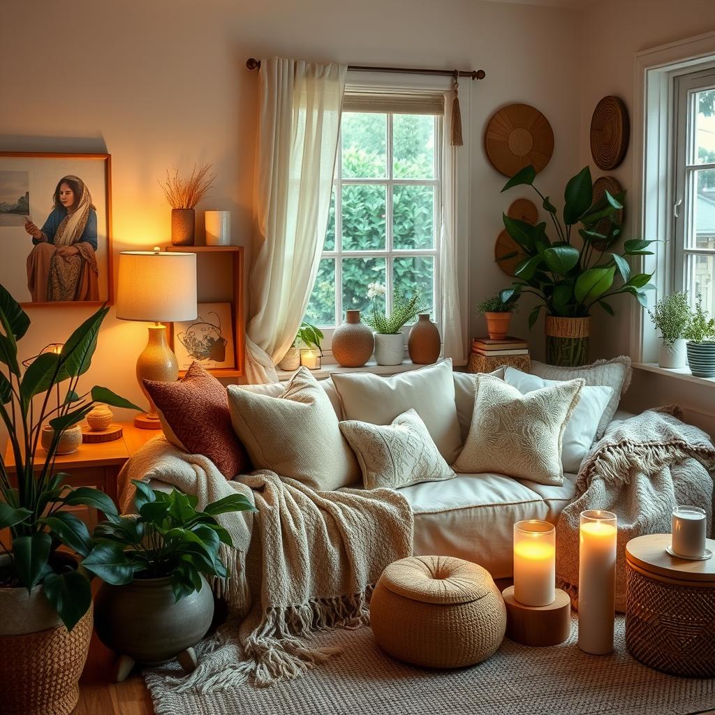 Quarto com manta, almofadas e tapete aconchegantes
