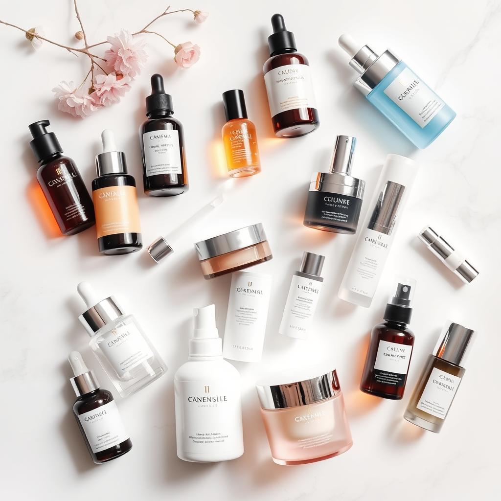Produtos de skincare organizados em uma prateleira