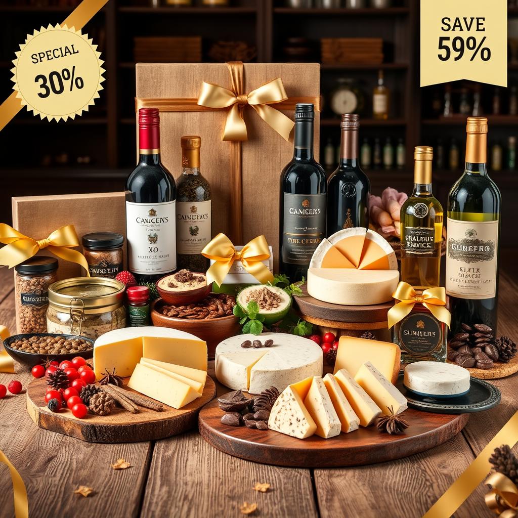 Mesa com diversos produtos gourmet em promoção
