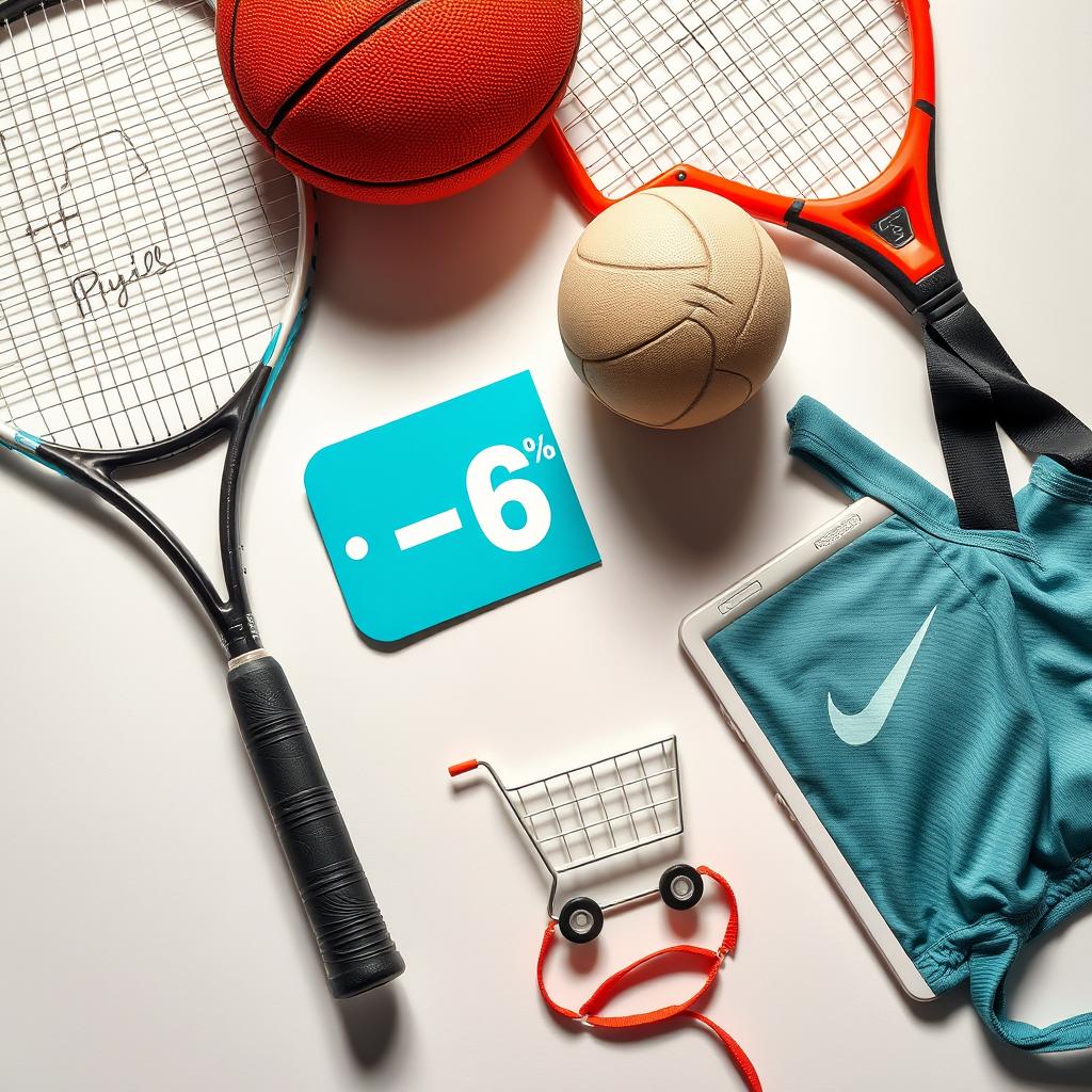 Variedade de artigos esportivos organizados em uma loja, incluindo tênis, roupas e equipamentos.
