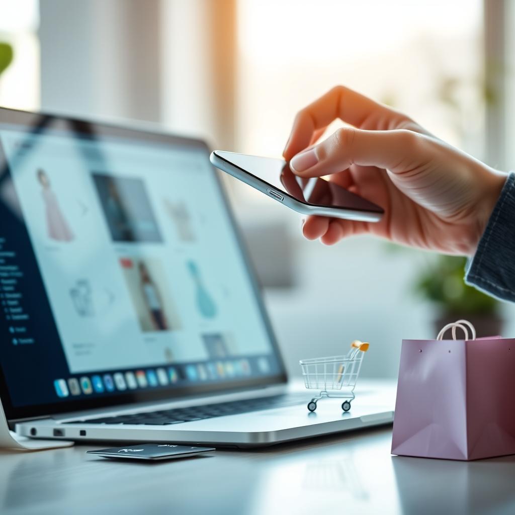 Pessoa segurando um tablet, com um carrinho de compras virtual na tela, rodeado por ícones de desconto, segurança e avaliação de produtos.