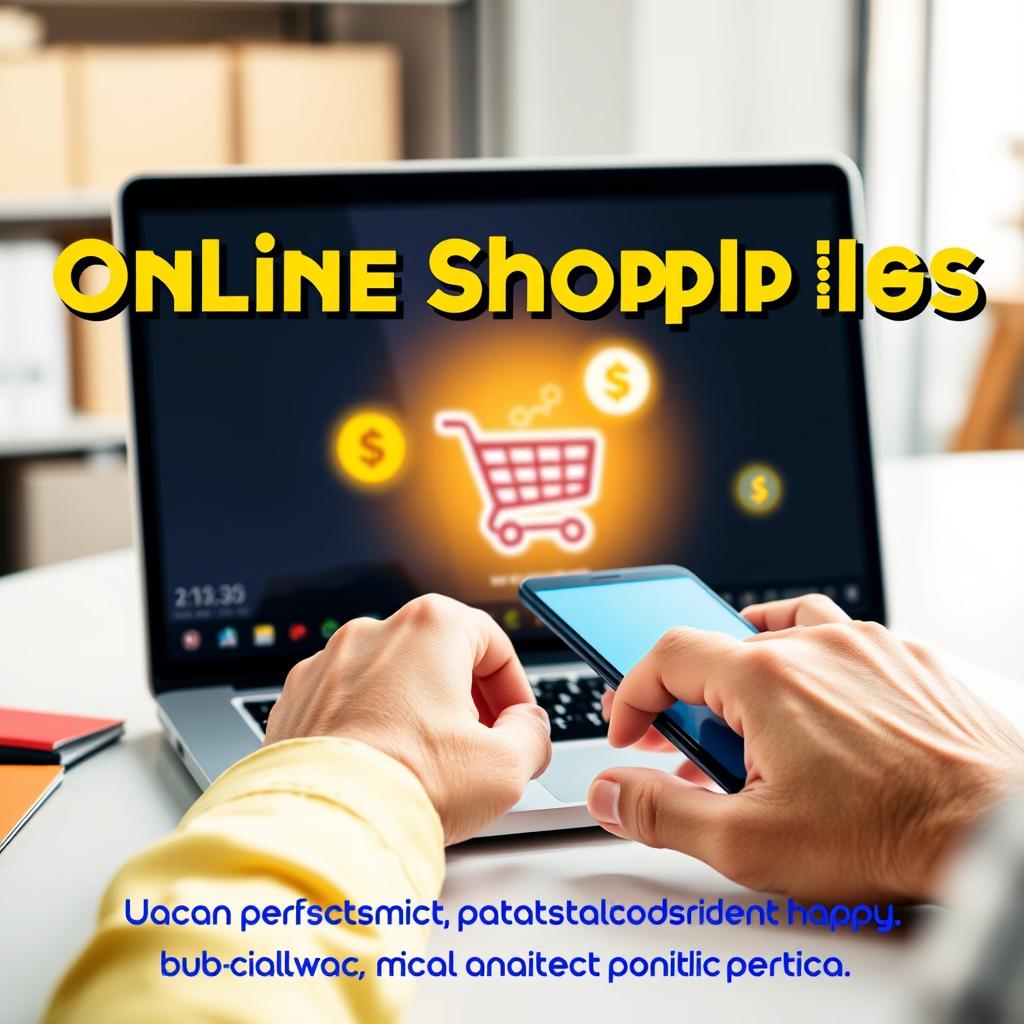 Pessoa usando notebook e celular para fazer compras online, com ícones de segurança, carrinho de compras e economia flutuando ao redor.