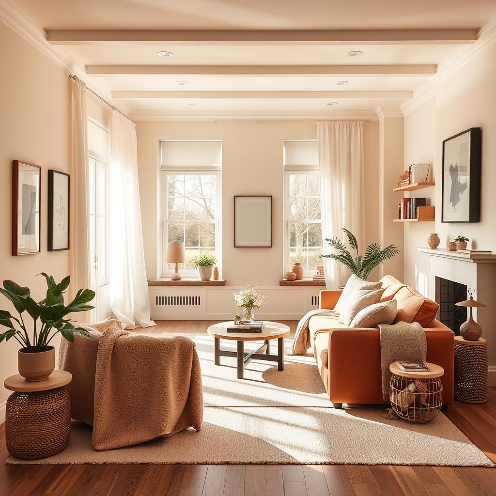Sala de estar aconchegante com tons neutros e plantas