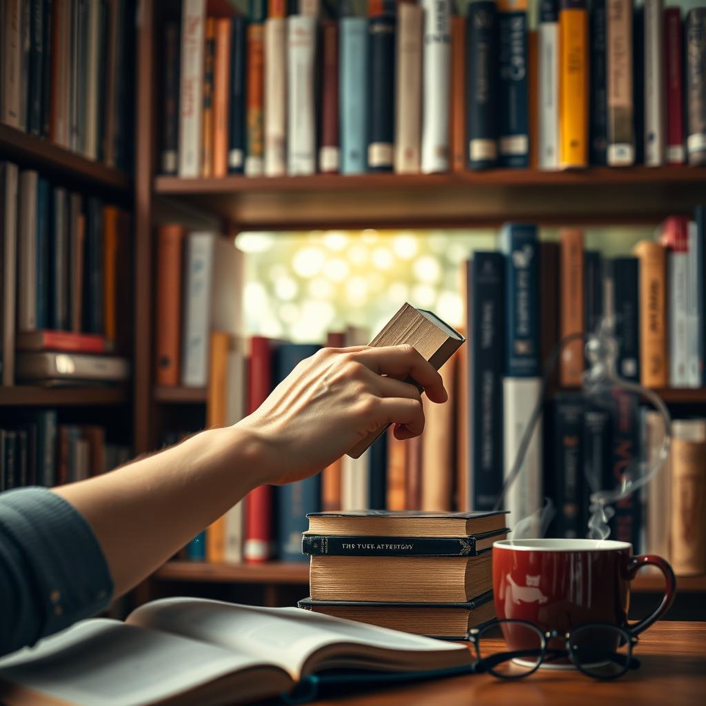 Pessoa pensativa escolhendo um livro em uma livraria aconchegante